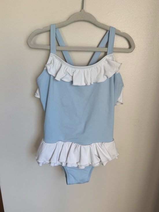 The Beaufort Bonnet Company Other - TBBC Girls Baby Blue / White Ruffle Swimsuit Size 4T